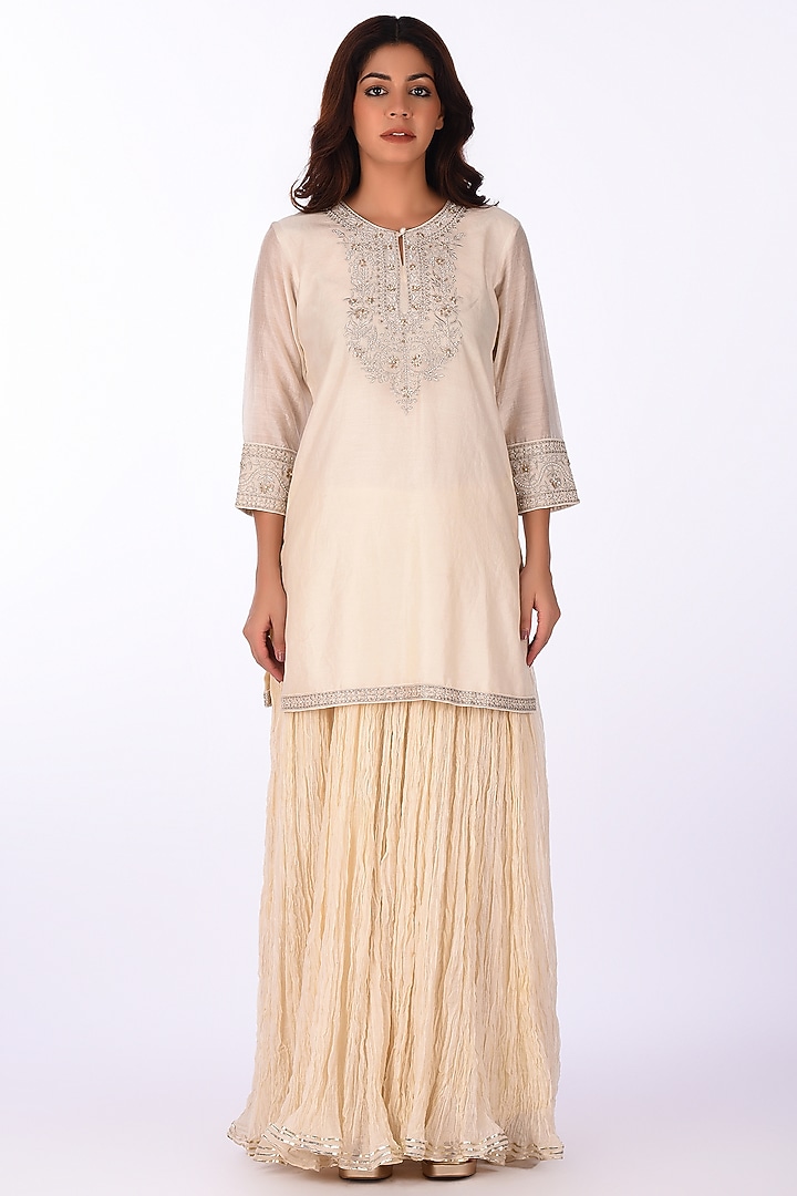 Ivory Raw Crushed Cotton Silk Party Wear Sharara Set by Isha & Anshul at Pernia's Pop Up Shop