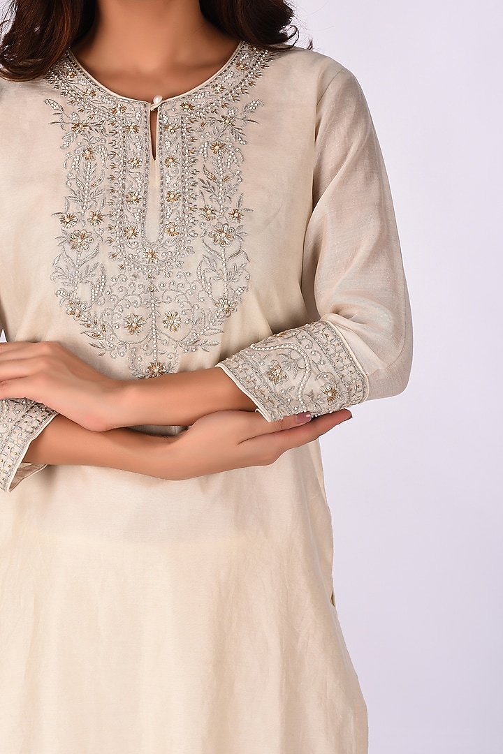 Ivory Raw Crushed Cotton Silk Party Wear Sharara Set by Isha & Anshul at Pernia's Pop Up Shop