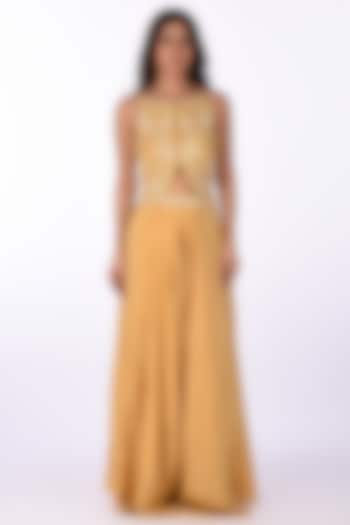 Yellow Silk Blend Embroidered Pant Set by Isha & Anshul at Pernia's Pop Up Shop
