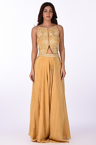 Yellow Silk Blend Embroidered Pant Set by Isha & Anshul