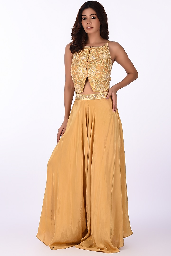 Yellow Silk Blend Embroidered Pant Set by Isha & Anshul at Pernia's Pop Up Shop