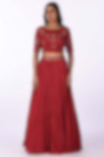 Red Satin Blend Embroidered Skirt Set by Isha & Anshul at Pernia's Pop Up Shop