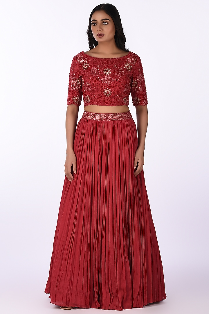 Red Satin Blend Embroidered Skirt Set by Isha & Anshul at Pernia's Pop Up Shop