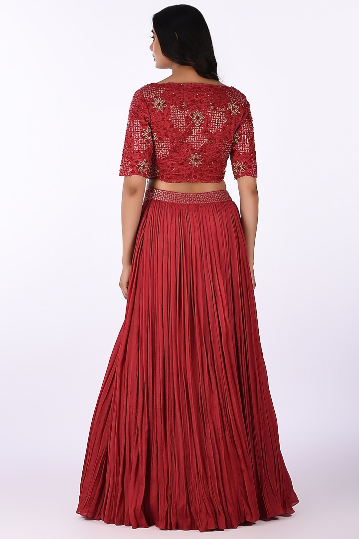 Red Satin Blend Embroidered Skirt Set by Isha & Anshul at Pernia's Pop Up Shop
