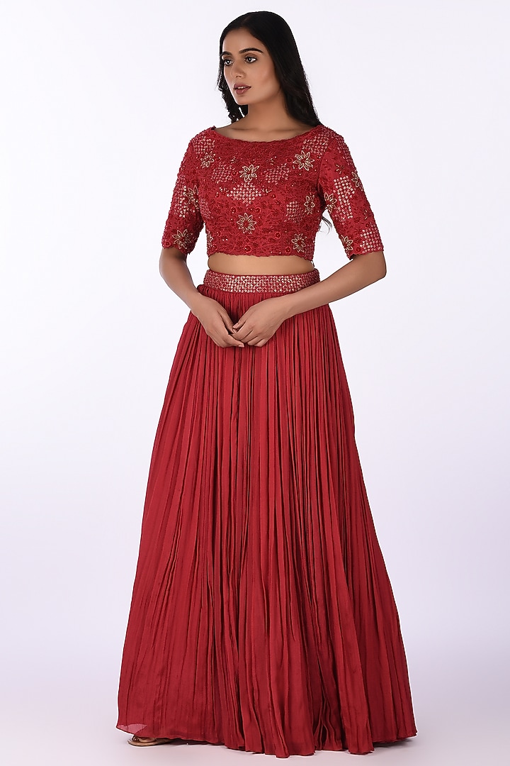 Red Satin Blend Embroidered Skirt Set by Isha & Anshul at Pernia's Pop Up Shop