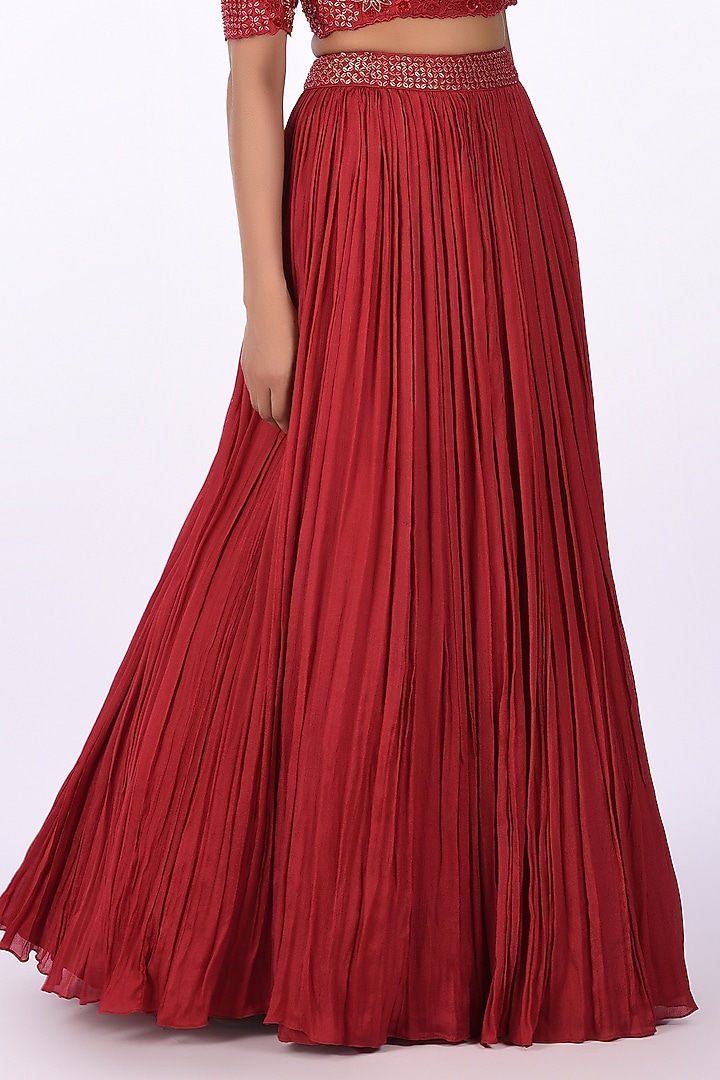 Red Satin Blend Embroidered Skirt Set by Isha & Anshul at Pernia's Pop Up Shop