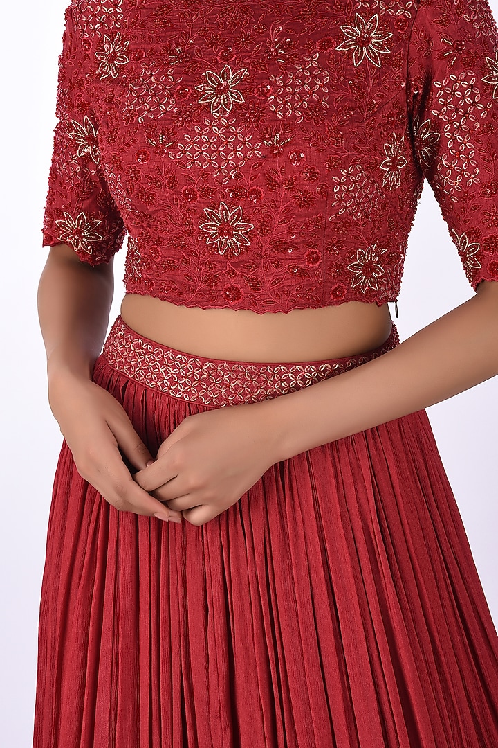 Red Satin Blend Embroidered Skirt Set by Isha & Anshul at Pernia's Pop Up Shop