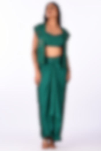 Green Raw Silk Hand Embroidered Jacket Set by Isha & Anshul at Pernia's Pop Up Shop