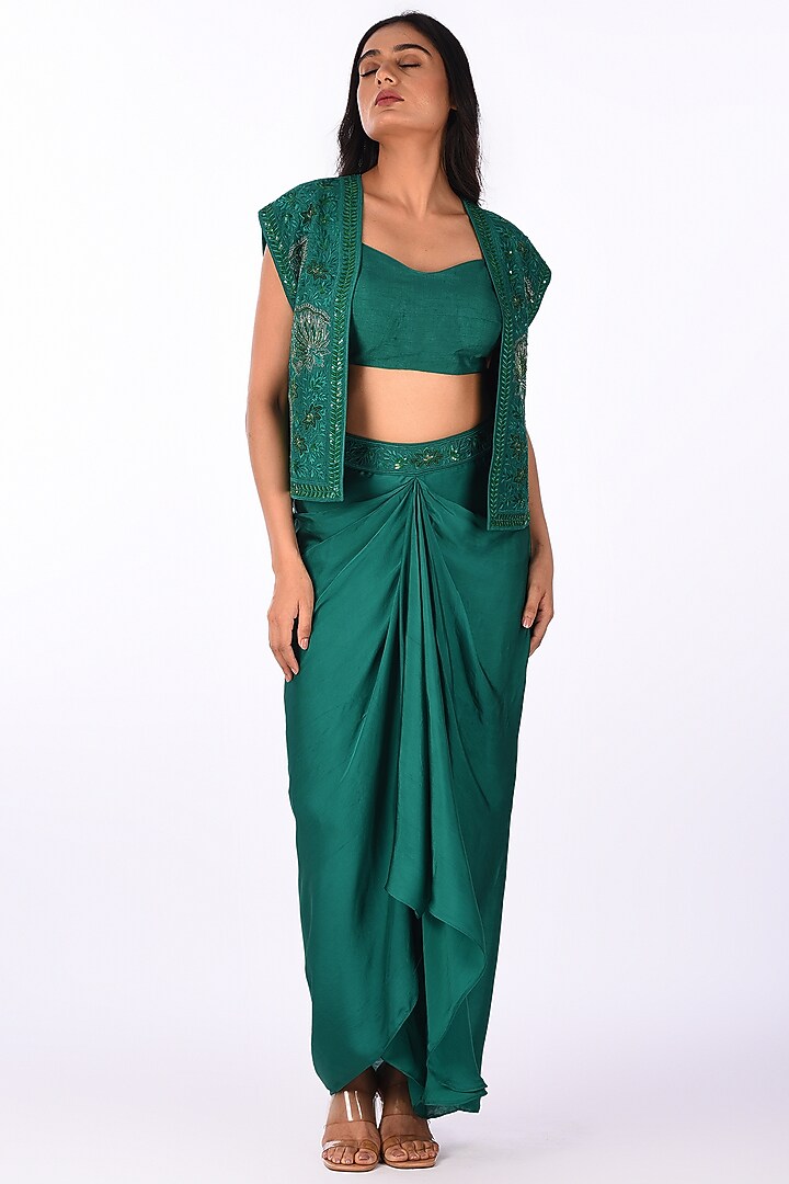 Green Raw Silk Hand Embroidered Jacket Set by Isha & Anshul at Pernia's Pop Up Shop