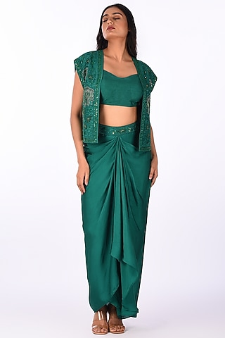 Green Raw Silk Hand Embroidered Jacket Set by Isha & Anshul