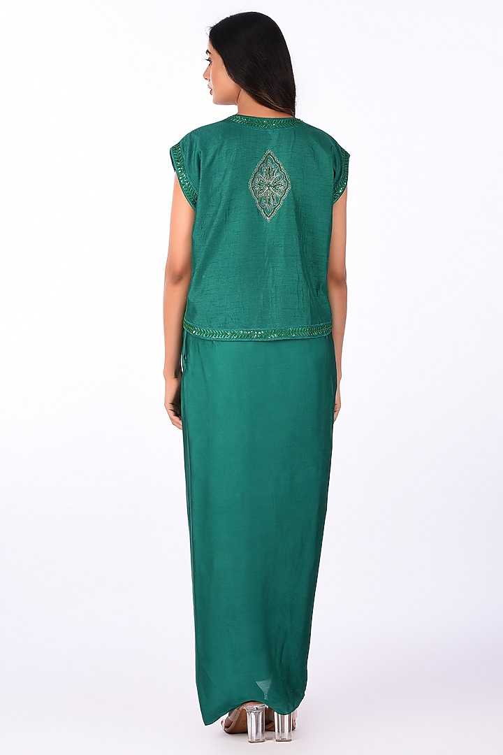 Green Raw Silk Hand Embroidered Jacket Set by Isha & Anshul at Pernia's Pop Up Shop