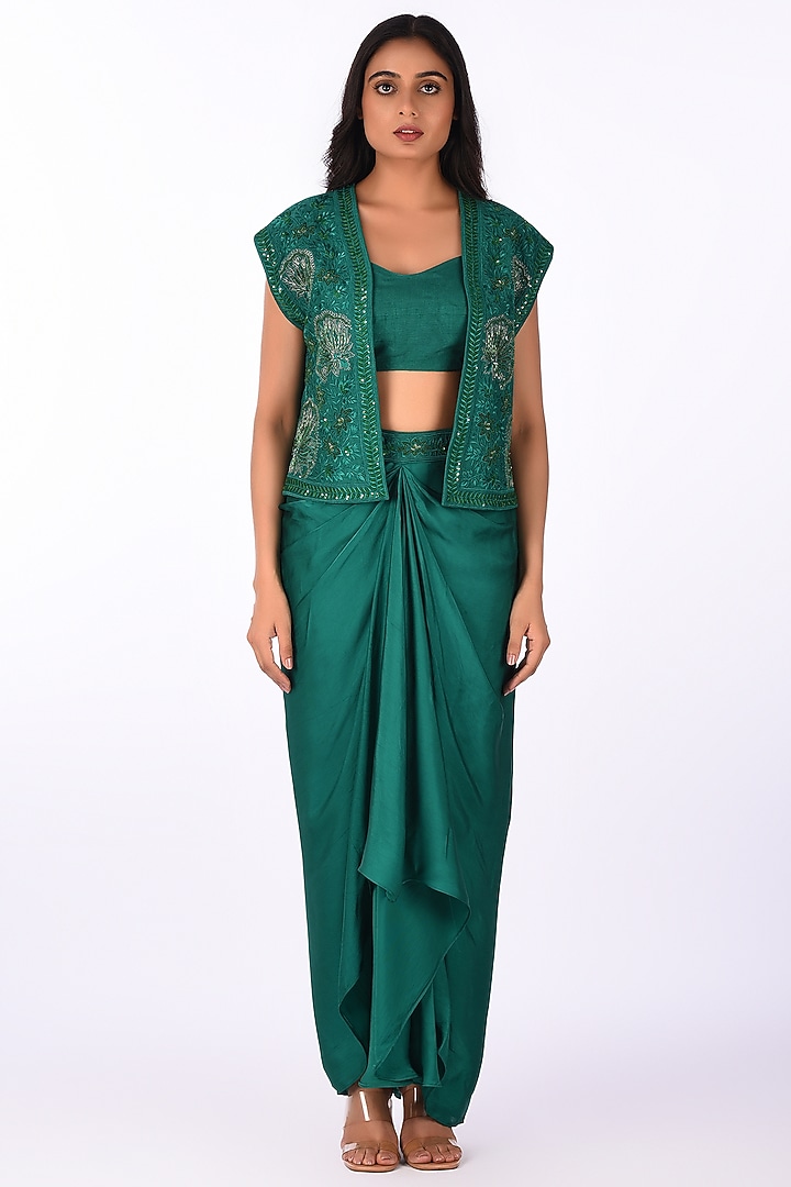 Green Raw Silk Hand Embroidered Jacket Set by Isha & Anshul at Pernia's Pop Up Shop