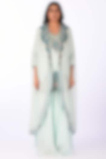 Aqua Blue Raw Silk Patch Work Kurta Set by Isha & Anshul at Pernia's Pop Up Shop