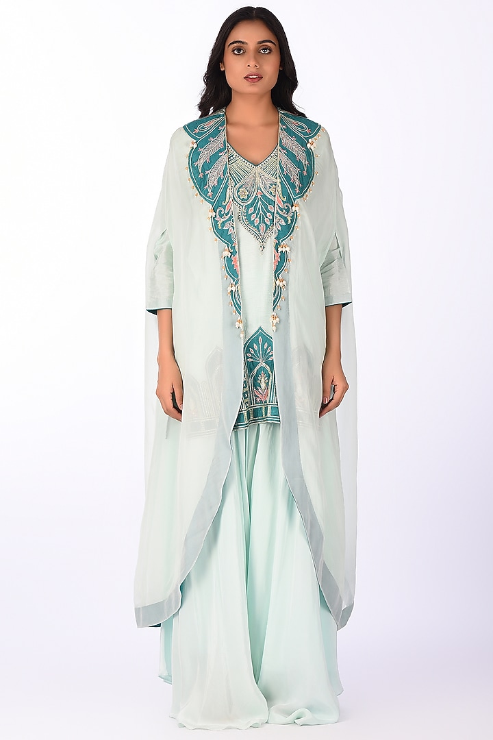 Aqua Blue Raw Silk Patch Work Kurta Set by Isha & Anshul at Pernia's Pop Up Shop
