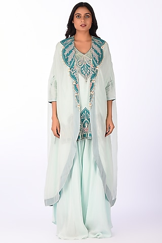 Aqua Blue Raw Silk Patch Work Kurta Set by Isha & Anshul