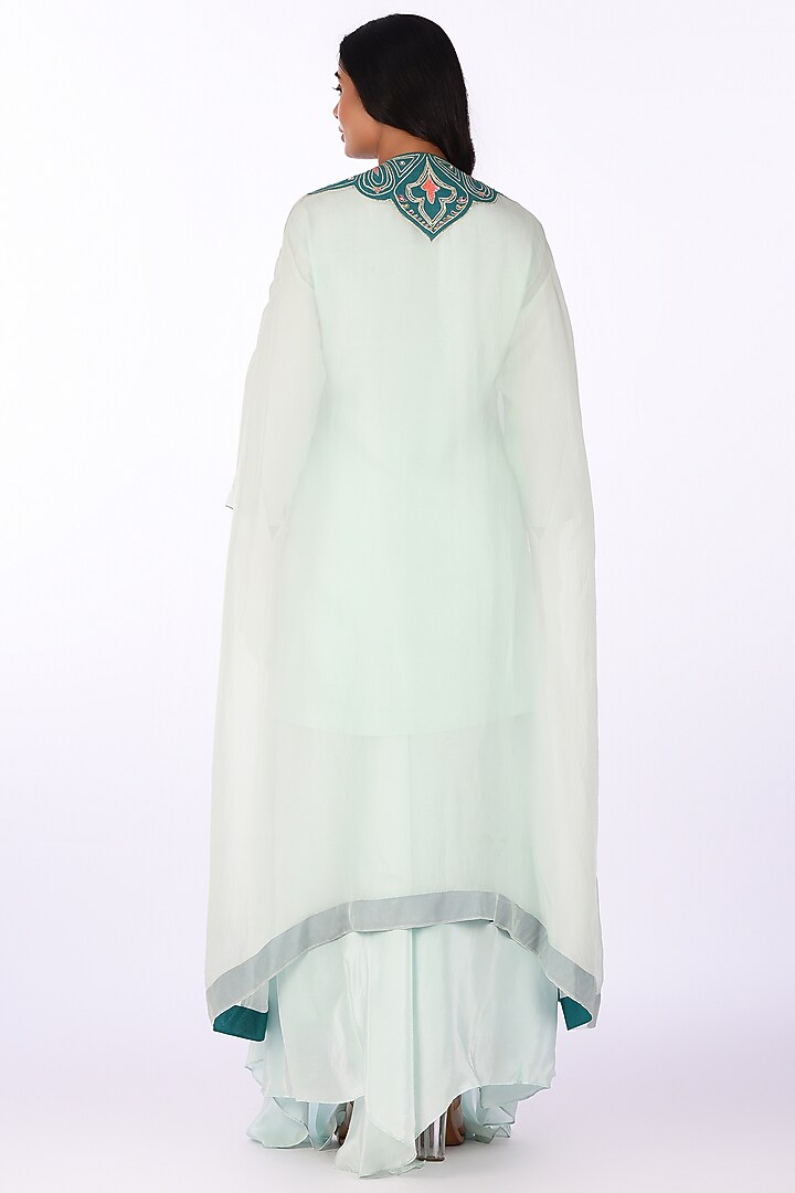 Aqua Blue Raw Silk Patch Work Kurta Set by Isha & Anshul at Pernia's Pop Up Shop