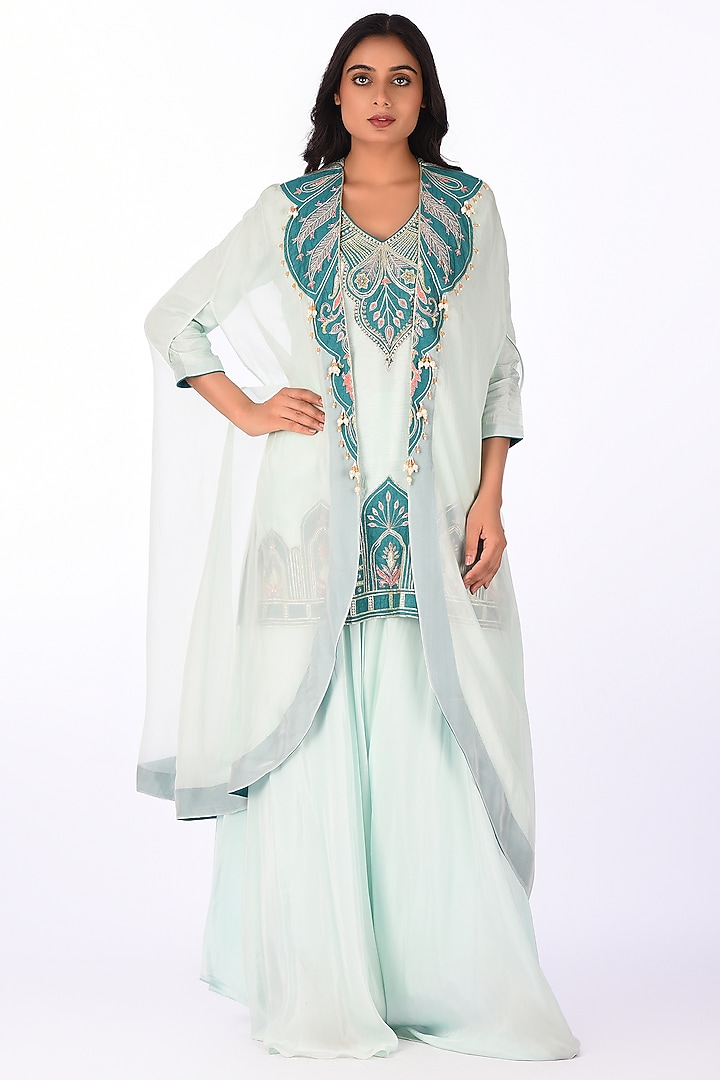 Aqua Blue Raw Silk Patch Work Kurta Set by Isha & Anshul at Pernia's Pop Up Shop