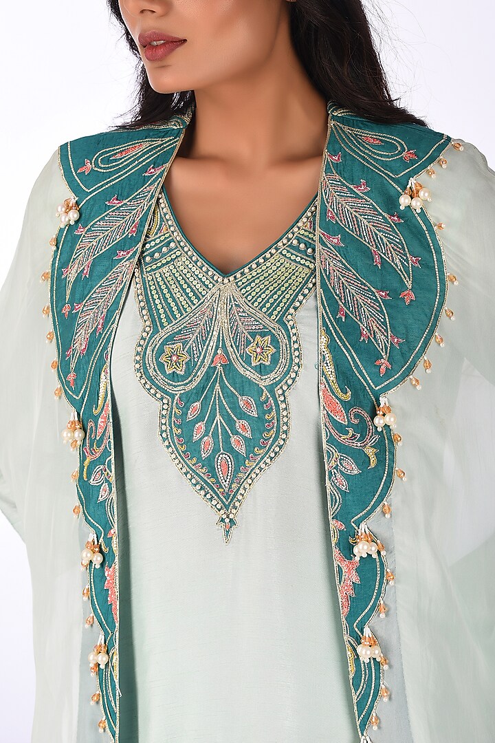 Aqua Blue Raw Silk Patch Work Kurta Set by Isha & Anshul at Pernia's Pop Up Shop