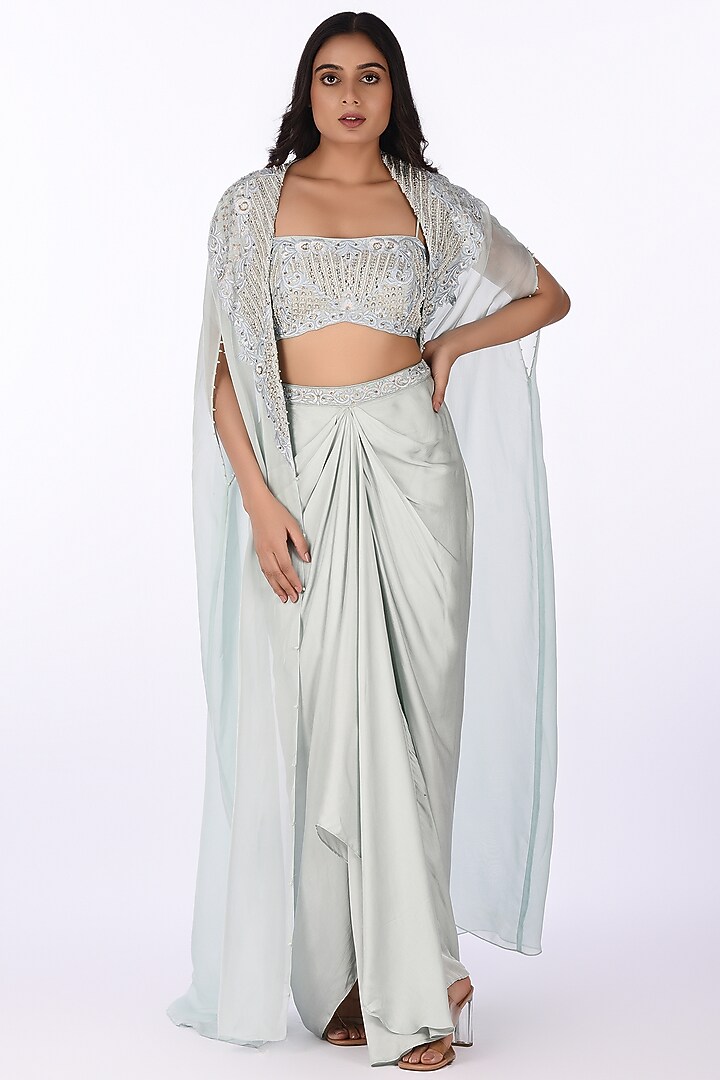 Grey Organza Embroidered Cape Set by Isha & Anshul at Pernia's Pop Up Shop
