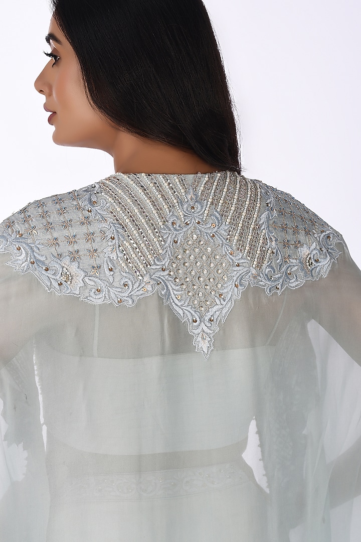 Grey Organza Embroidered Cape Set by Isha & Anshul at Pernia's Pop Up Shop