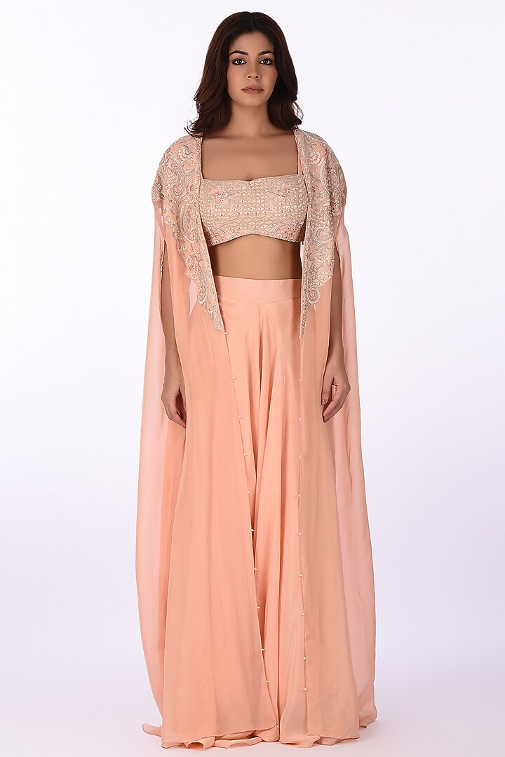 Peach Viscose Embroidered Cape Set by Isha & Anshul at Pernia's Pop Up Shop