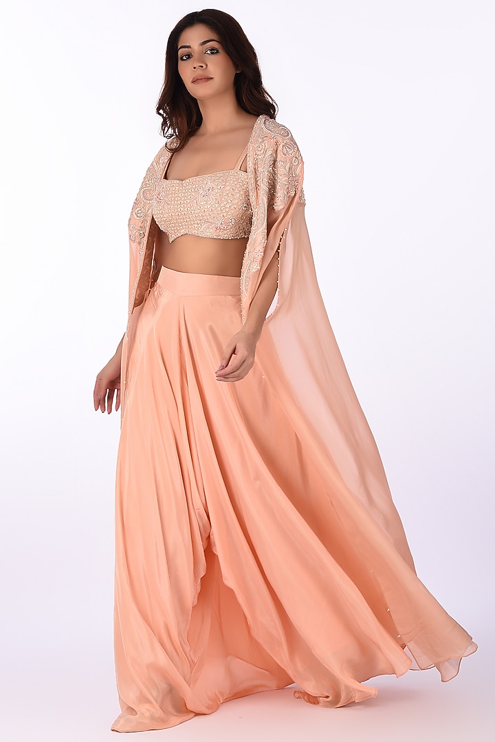 Peach Viscose Embroidered Cape Set by Isha & Anshul at Pernia's Pop Up Shop