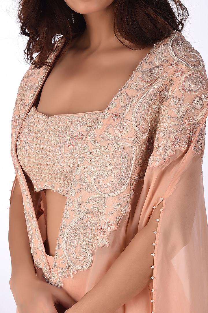 Peach Viscose Embroidered Cape Set by Isha & Anshul at Pernia's Pop Up Shop