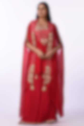 Crimson Red Viscose & Georgette Embroidered Jacket Set by Isha & Anshul at Pernia's Pop Up Shop