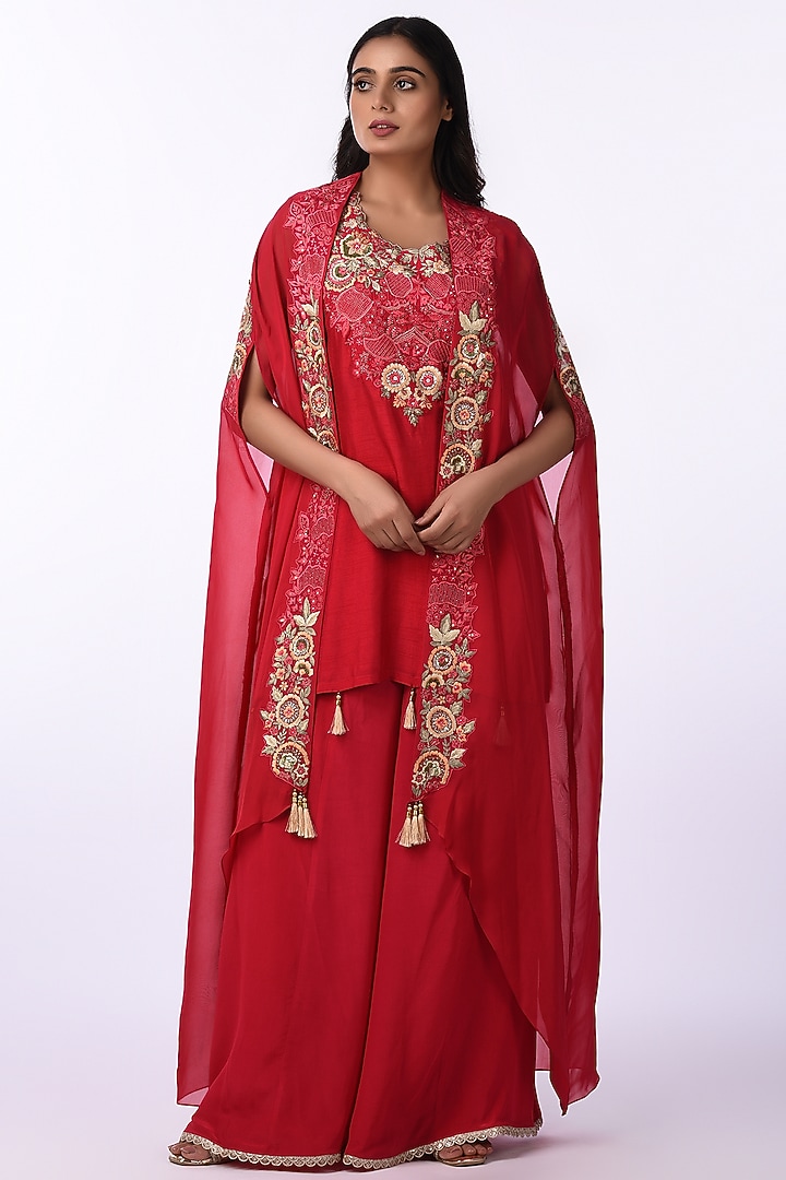 Crimson Red Viscose & Georgette Embroidered Jacket Set by Isha & Anshul at Pernia's Pop Up Shop
