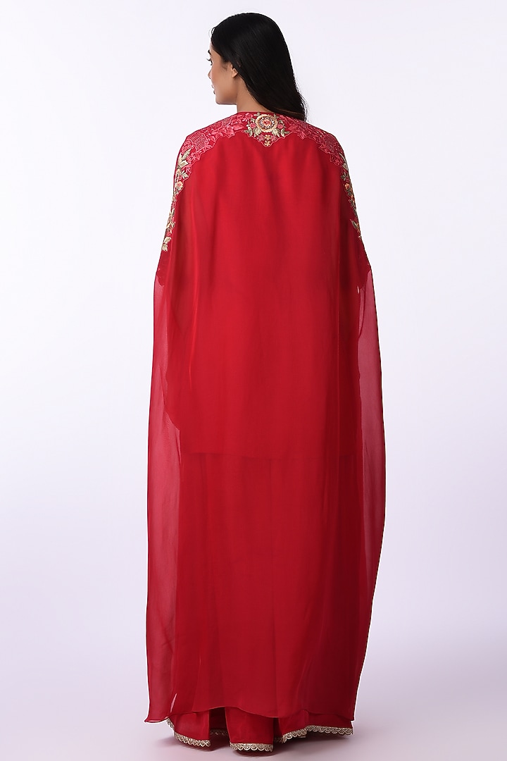 Crimson Red Viscose & Georgette Embroidered Jacket Set by Isha & Anshul at Pernia's Pop Up Shop