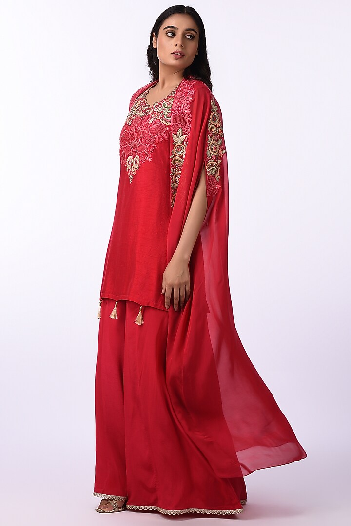 Crimson Red Viscose & Georgette Embroidered Jacket Set by Isha & Anshul at Pernia's Pop Up Shop