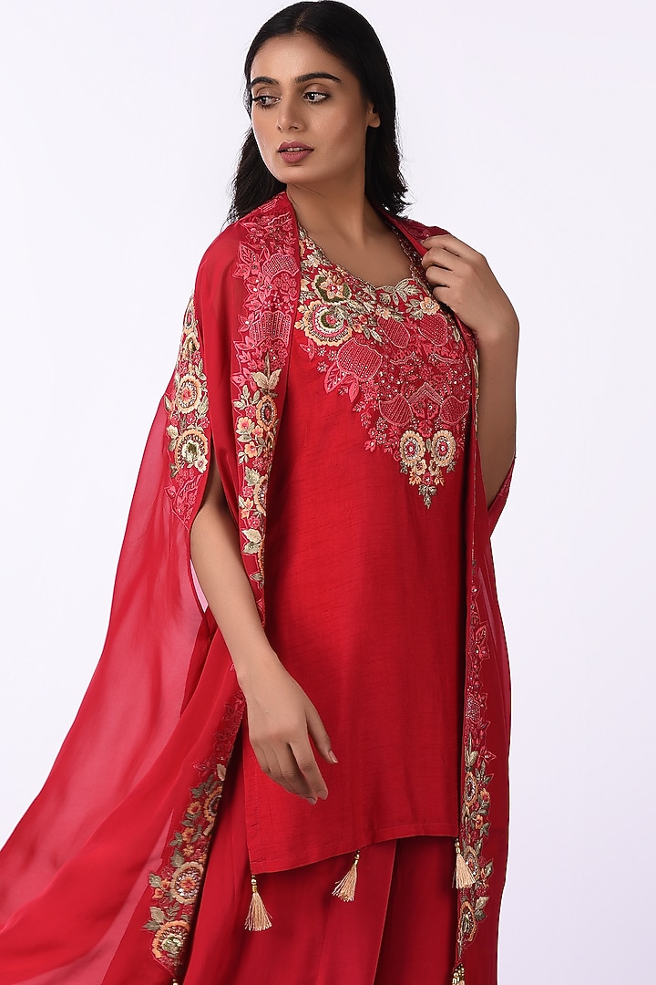 Crimson Red Viscose & Georgette Embroidered Jacket Set by Isha & Anshul at Pernia's Pop Up Shop