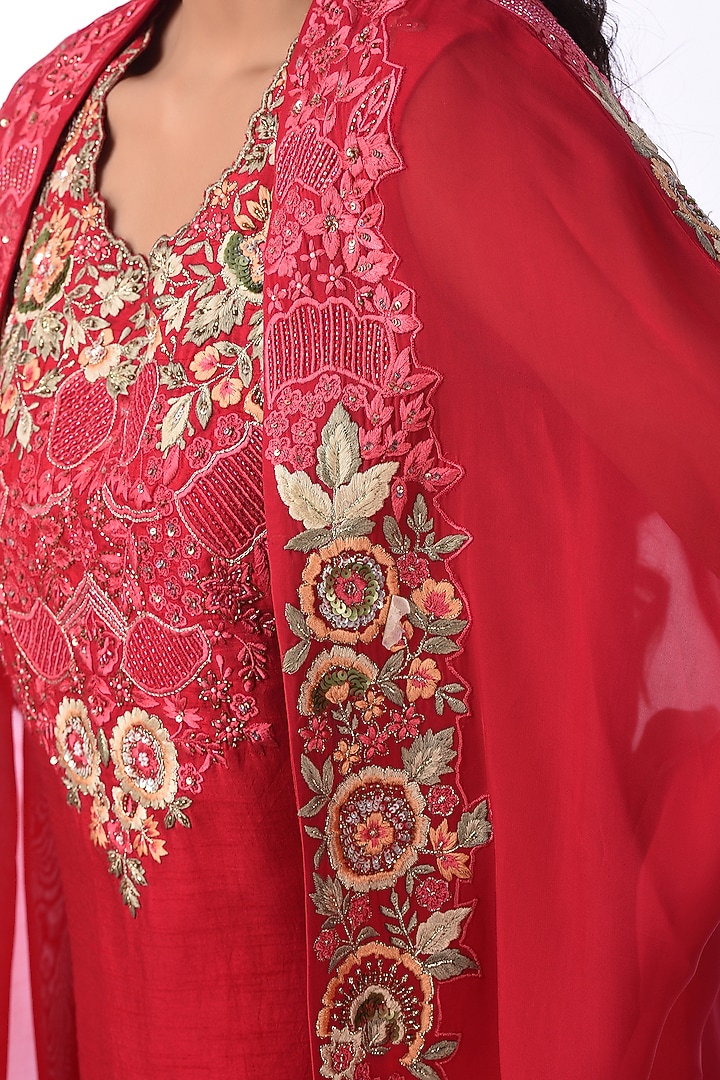 Crimson Red Viscose & Georgette Embroidered Jacket Set by Isha & Anshul at Pernia's Pop Up Shop