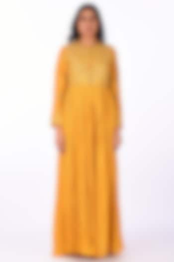 Yellow Crinkle Silk Blend Embroidered Wedding Anarkali Set by Isha & Anshul at Pernia's Pop Up Shop