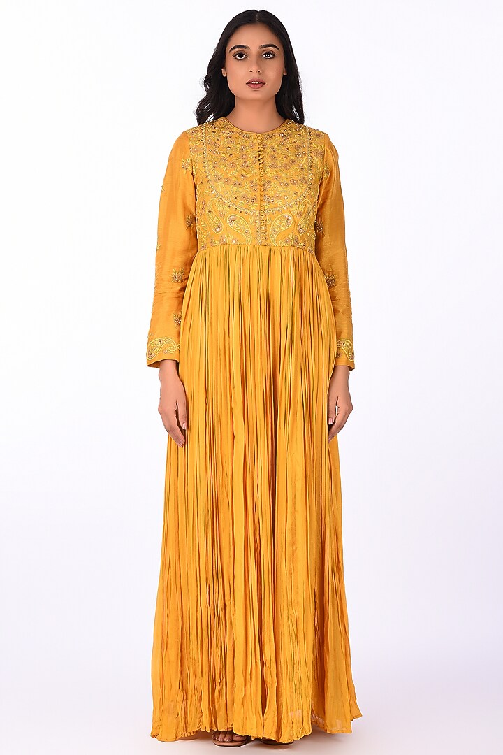 Yellow Crinkle Silk Blend Embroidered Wedding Anarkali Set by Isha & Anshul at Pernia's Pop Up Shop