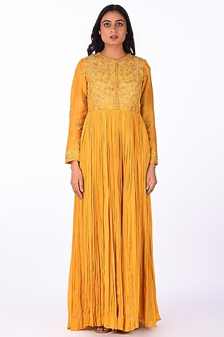 Yellow Crinkle Silk Blend Embroidered Anarkali Set by Isha & Anshul