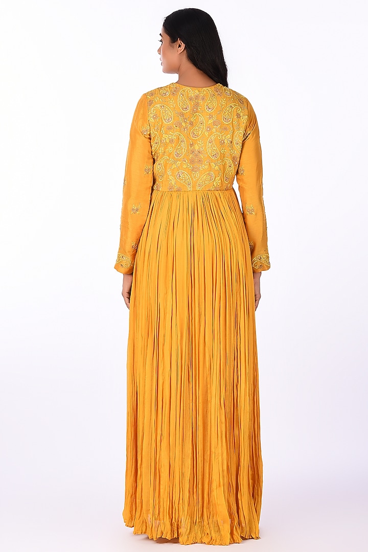 Yellow Crinkle Silk Blend Embroidered Wedding Anarkali Set by Isha & Anshul at Pernia's Pop Up Shop
