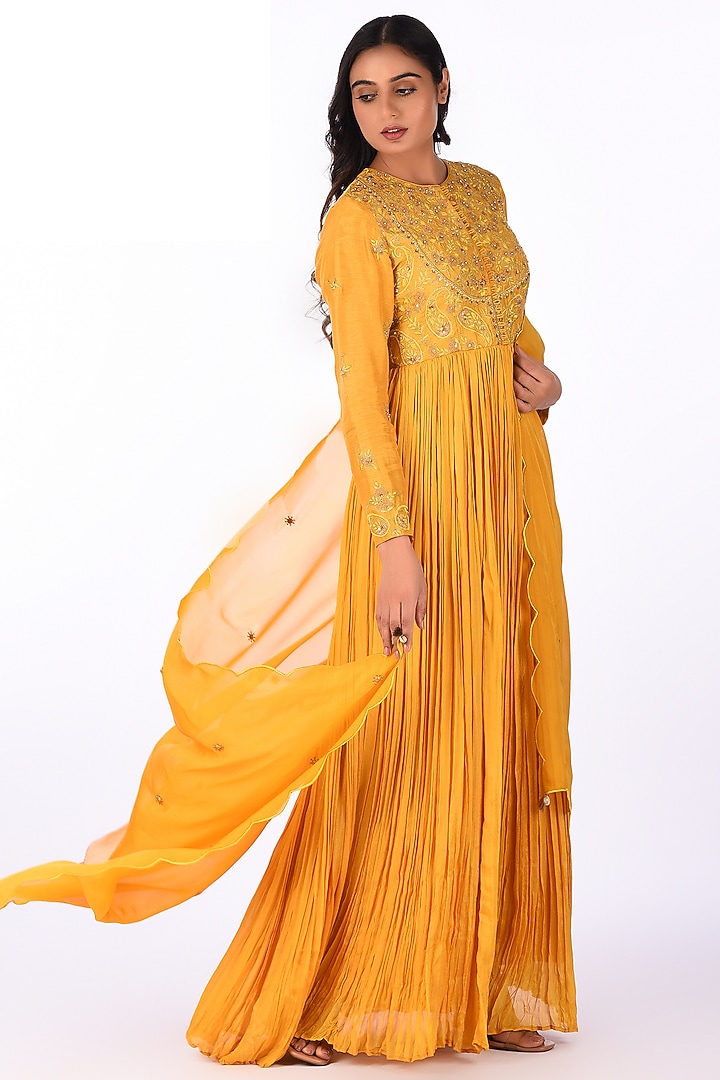 Yellow Crinkle Silk Blend Embroidered Wedding Anarkali Set by Isha & Anshul at Pernia's Pop Up Shop