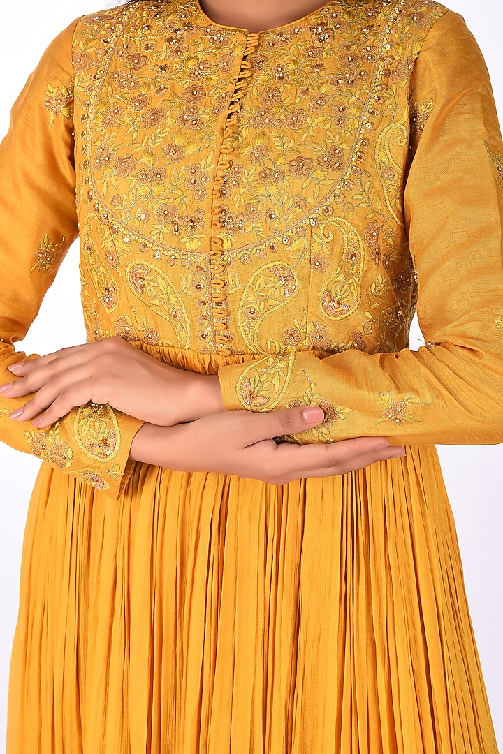 Yellow Crinkle Silk Blend Embroidered Wedding Anarkali Set by Isha & Anshul at Pernia's Pop Up Shop