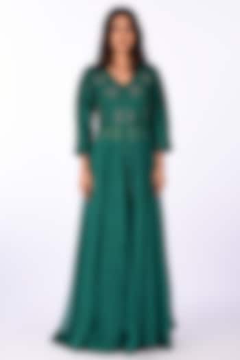 Green Raw Silk Paisley Embroidered Wedding Anarkali Set by Isha & Anshul at Pernia's Pop Up Shop