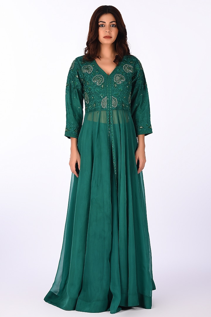 Green Raw Silk Paisley Embroidered Wedding Anarkali Set by Isha & Anshul at Pernia's Pop Up Shop