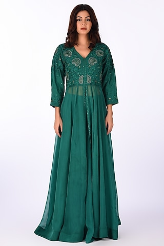 Green Raw Silk Paisley Embroidered Anarkali Set by Isha & Anshul
