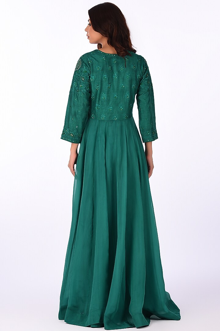 Green Raw Silk Paisley Embroidered Wedding Anarkali Set by Isha & Anshul at Pernia's Pop Up Shop