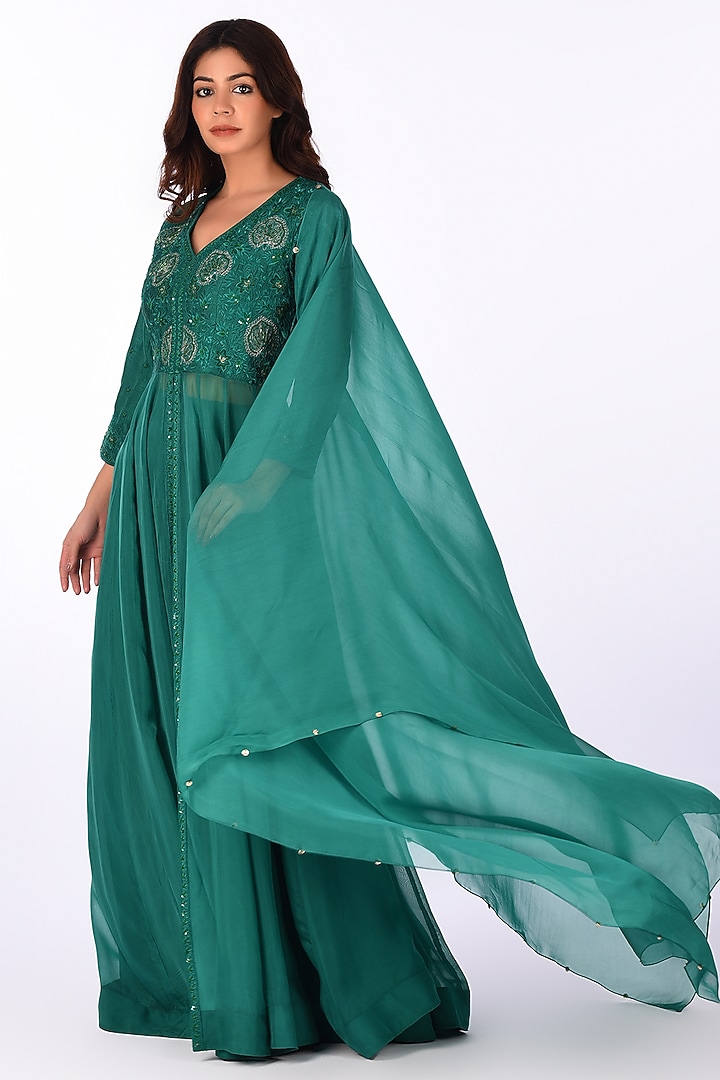 Green Raw Silk Paisley Embroidered Wedding Anarkali Set by Isha & Anshul at Pernia's Pop Up Shop