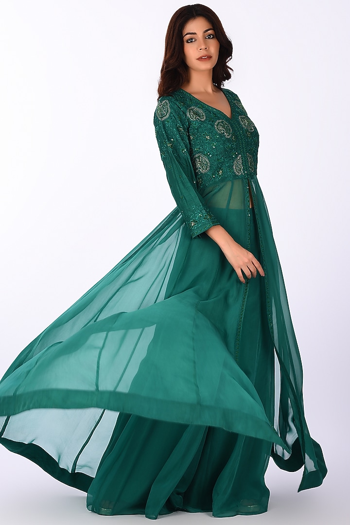 Green Raw Silk Paisley Embroidered Wedding Anarkali Set by Isha & Anshul at Pernia's Pop Up Shop