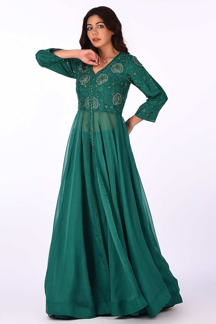 Green Raw Silk Paisley Embroidered Wedding Anarkali Set by Isha & Anshul at Pernia's Pop Up Shop