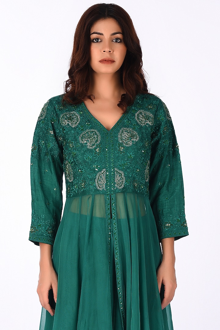 Green Raw Silk Paisley Embroidered Wedding Anarkali Set by Isha & Anshul at Pernia's Pop Up Shop