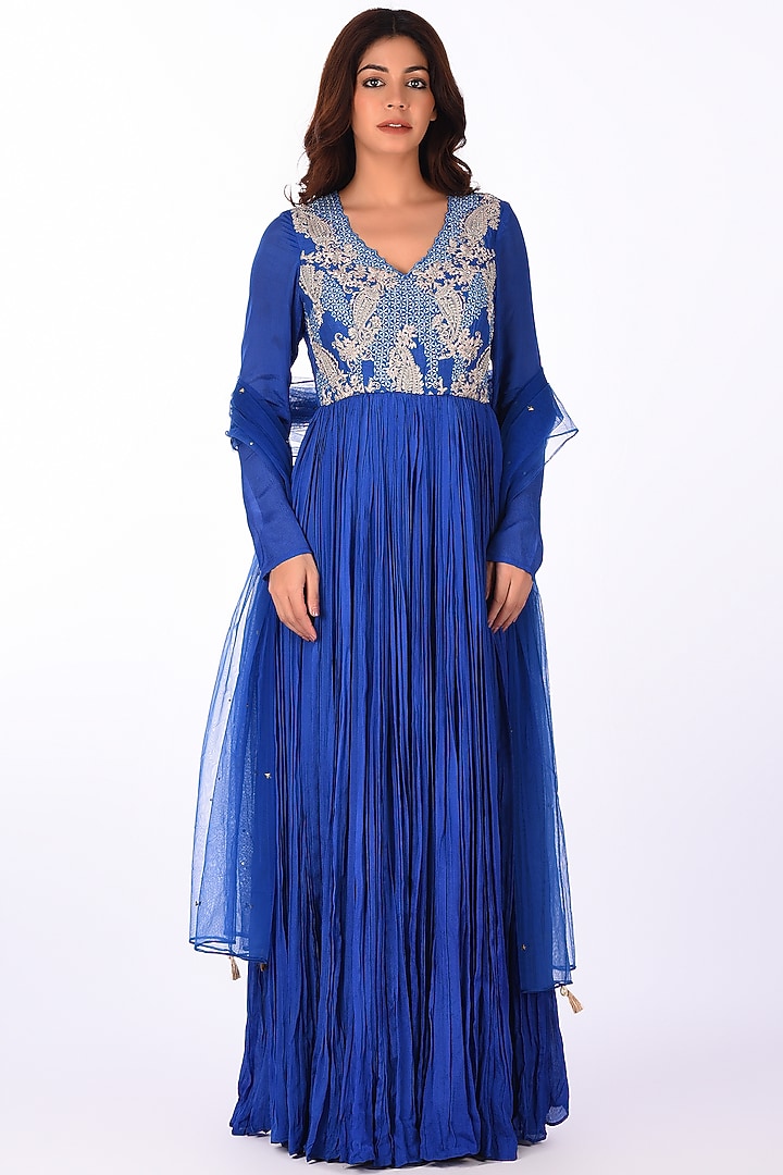 Blue Georgette Paisley Embroidered Wedding Anarkali Set by Isha & Anshul at Pernia's Pop Up Shop
