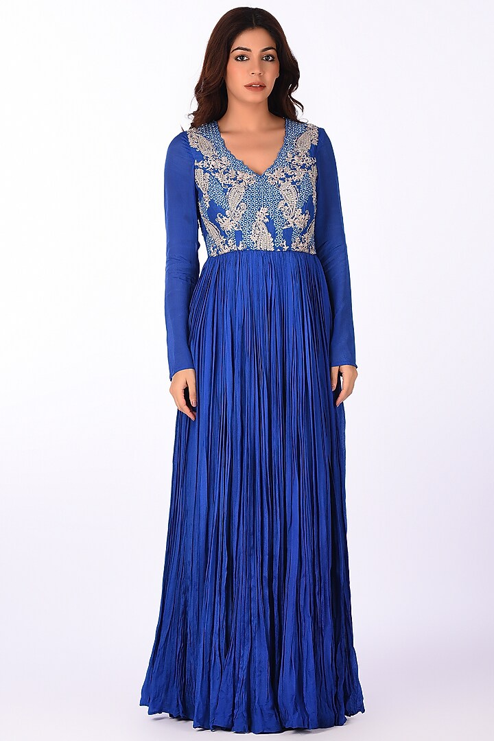 Blue Georgette Paisley Embroidered Wedding Anarkali Set by Isha & Anshul at Pernia's Pop Up Shop