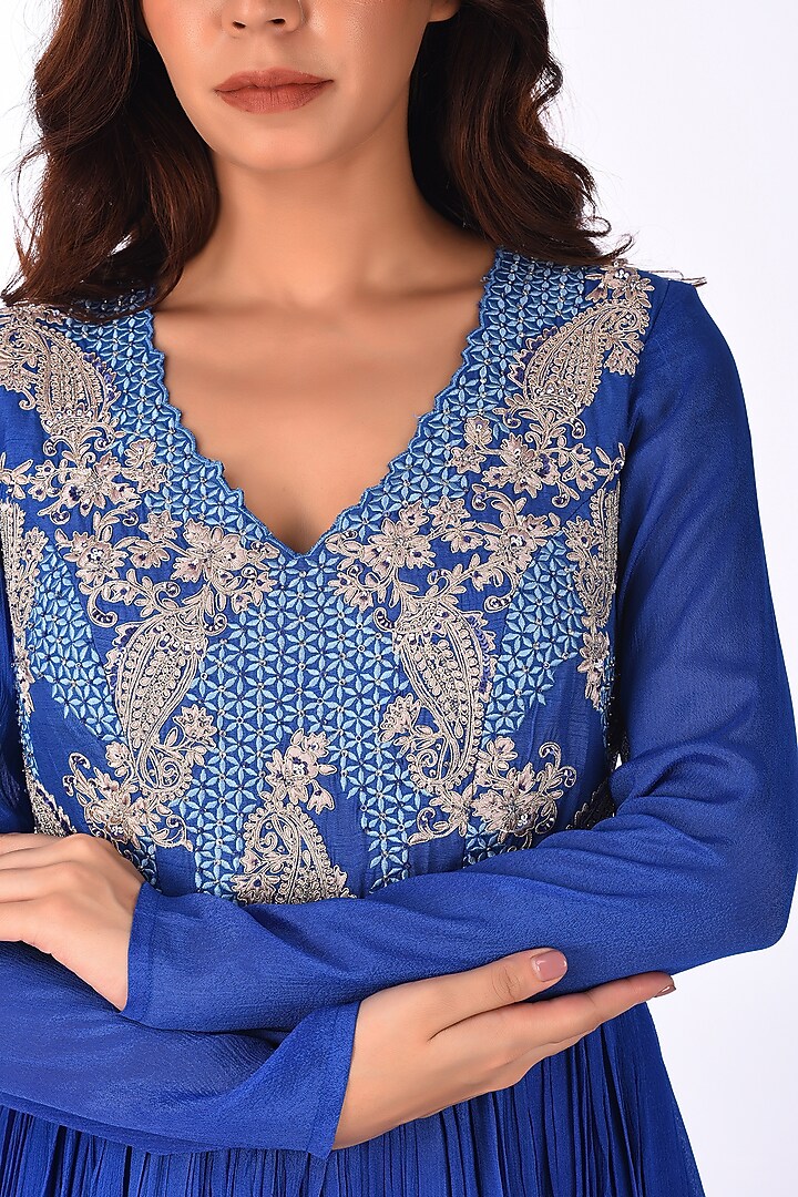 Blue Georgette Paisley Embroidered Wedding Anarkali Set by Isha & Anshul at Pernia's Pop Up Shop